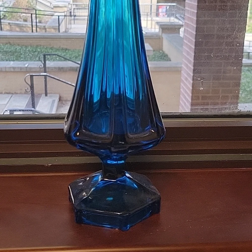 Viking Glass Bluenique Blunique Blue Swung Vase Planter Atomic MCM Vintage Epic - Picture 4 of 7